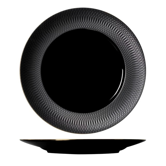 Cherven 11"Inch Matte Black Porcelain Round Plate Gold Rim - Cherven Tableware Supplies